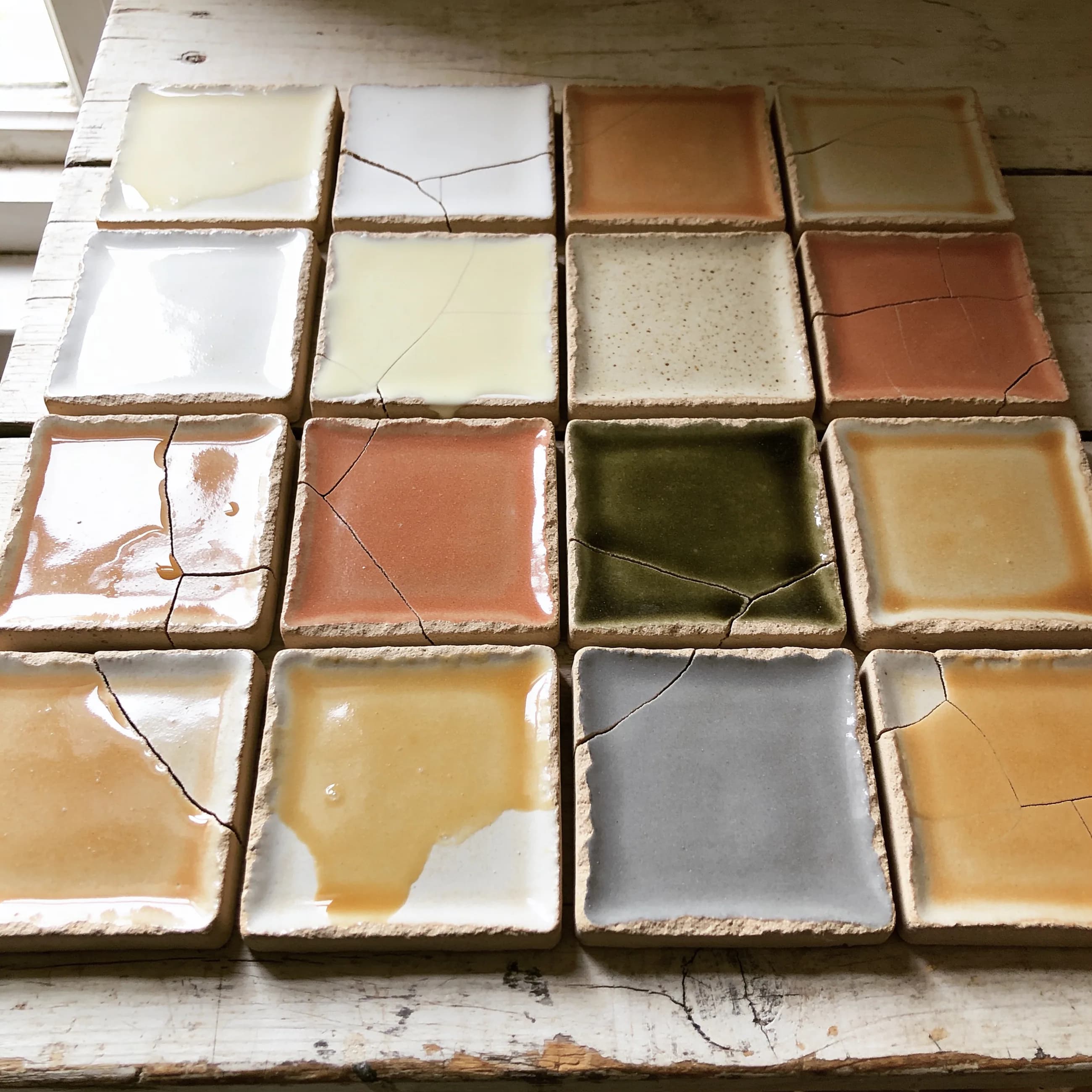 A grid of ceramic glaze test tiles on a workbench, each in a different tone from bone white through ochre to deep olive.