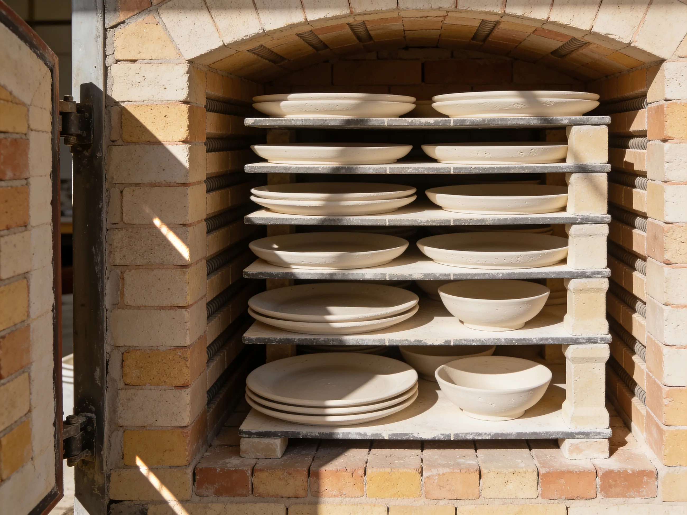 A kiln shelf stacked with bisque-fired plates and bowls waiting to be glazed.
