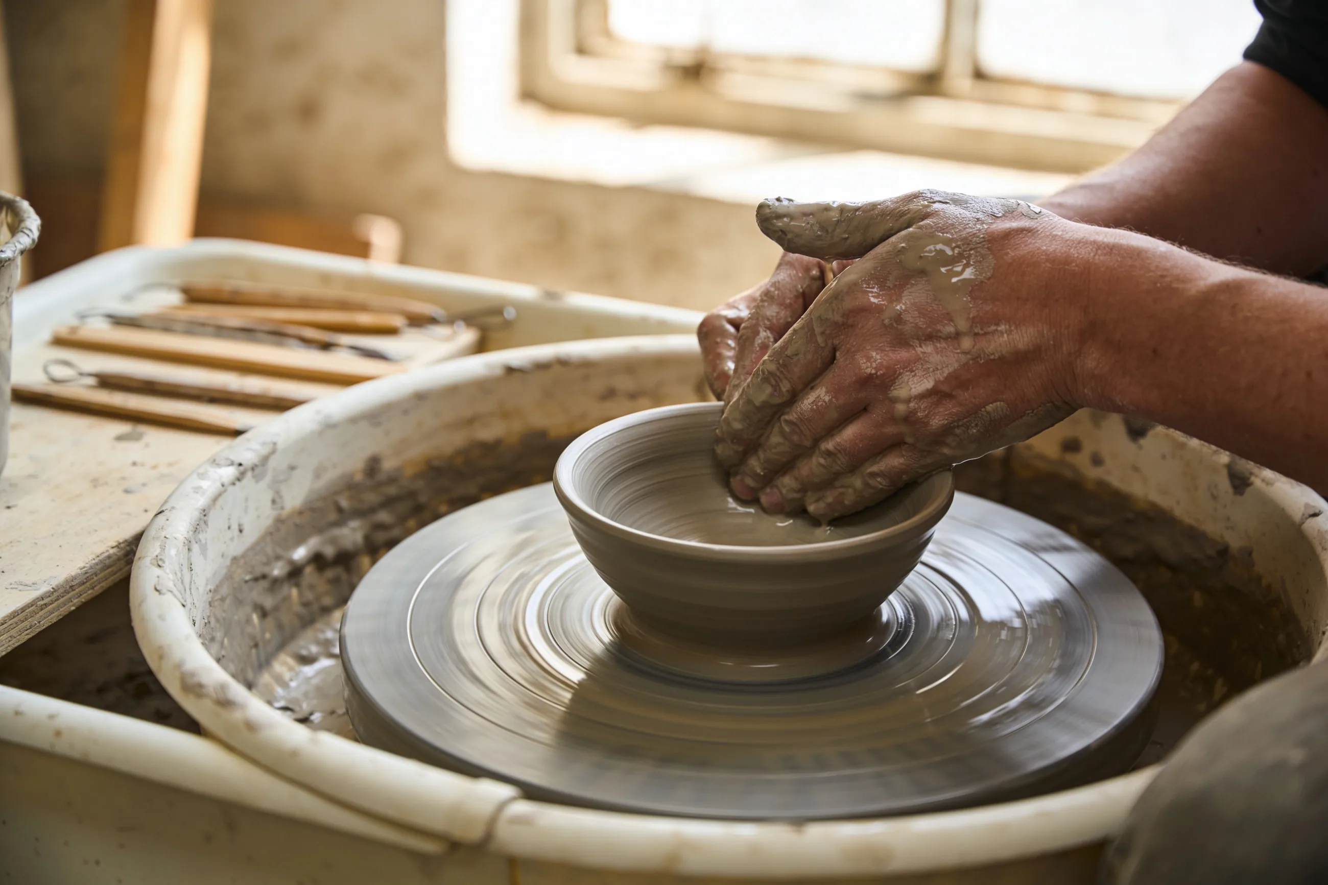 A potter centring a bowl on the wheel, wet stoneware clay running over the hands.