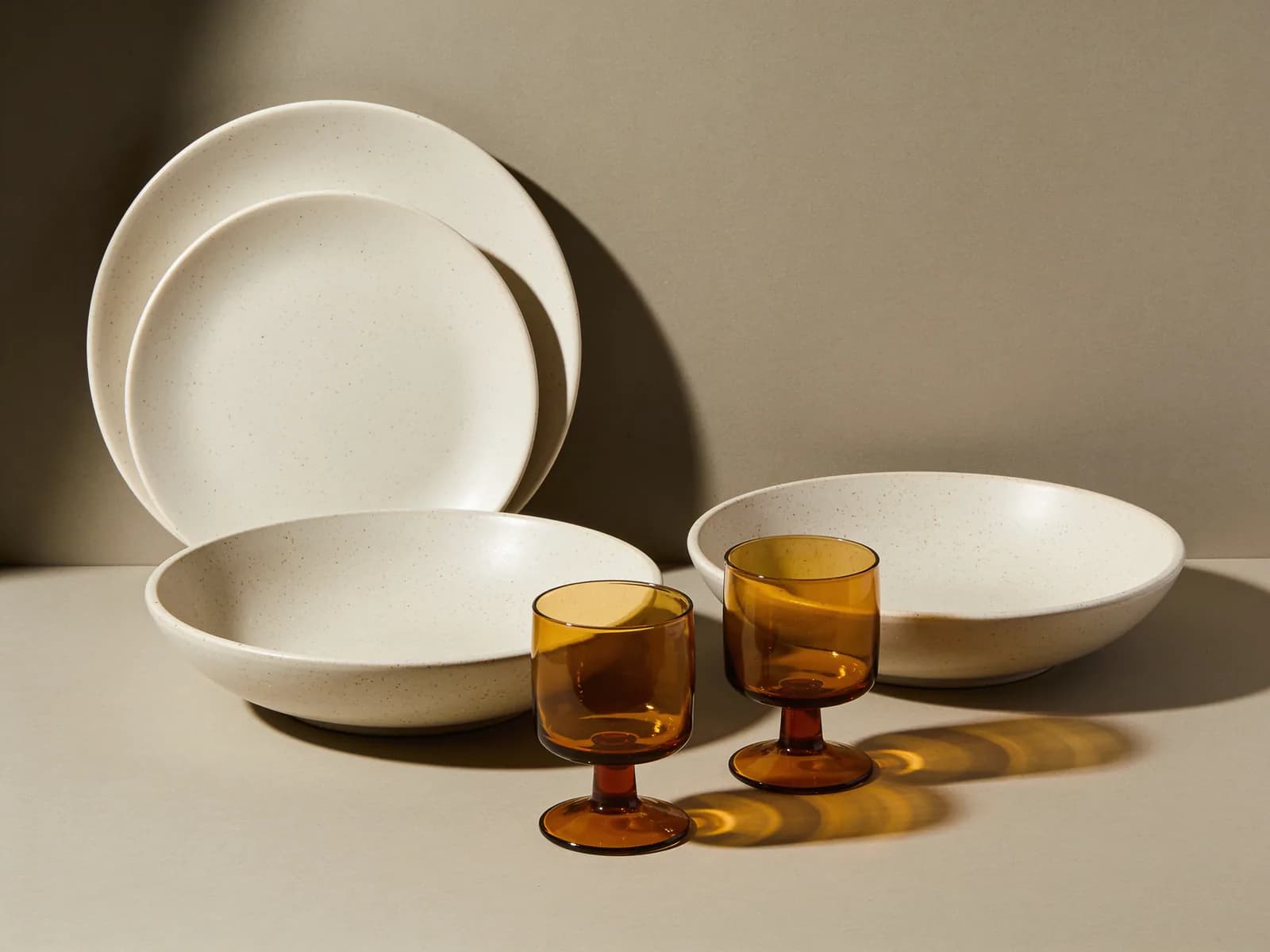 Table for Two — Two settings — plates, pasta bowls, tumblers